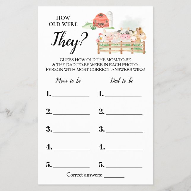 How old were They Farm Baby Shower Game Card (Front)