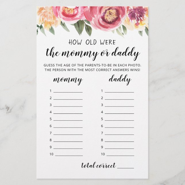 How old were they game Baby Shower party game (Front)