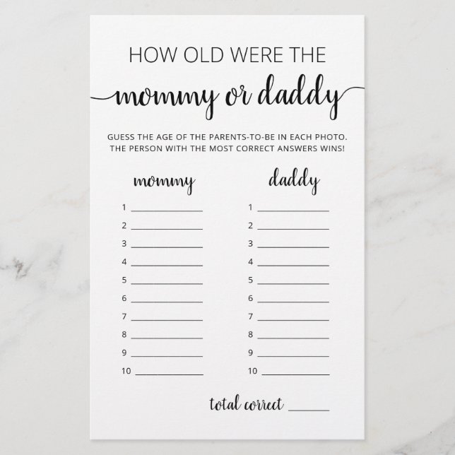 How old were they game Baby Shower party game (Front)