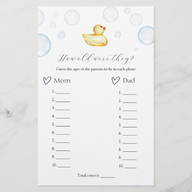 How Old Were They Rubber Duck Baby Shower Game (Front)