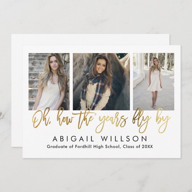 "How the years fly" Gold Script Graduation Party Invitation (Front/Back)