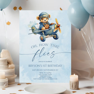 How Time Flies Aeroplane Teddy Bear Birthday Party Invitation