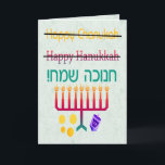How to Spell Hanukkah Chanukah Cards<br><div class="desc">How do you spell Hanukkah,  er Chanukah,  or is it Hanukah,  anyway? Obviously the only "right" way to spell it is in Hebrew! A fun design with "Happy Hanukkah" and "Happy Chanukah" crossed out and "Chanukah Sameach!" in Hebrew,  with a chanukiah (menorah),  dreidel,  and gold gelt beneath.</div>