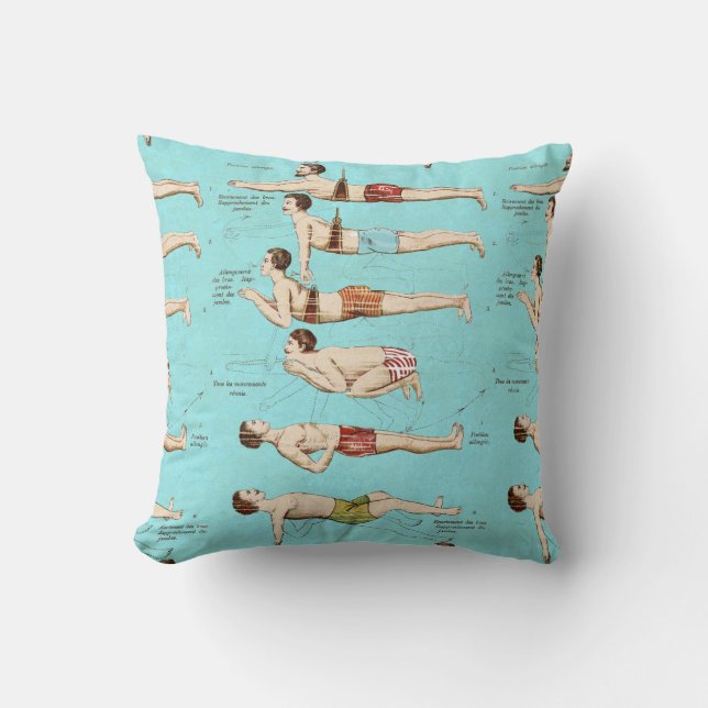 How to Swim Antique French Swimming School Cushion (Front)