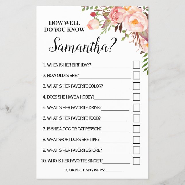 How well do you know Bride Bridal Shower Game card (Front)