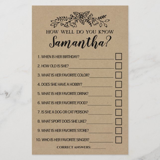 How Well Do You Know Bride Shower Rustic Game Card (Front)