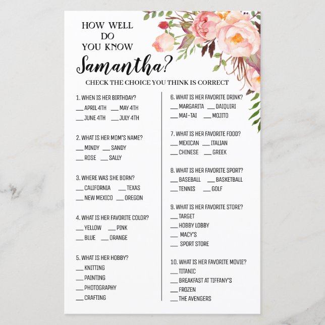 How well do you know bride with option shower game (Front)