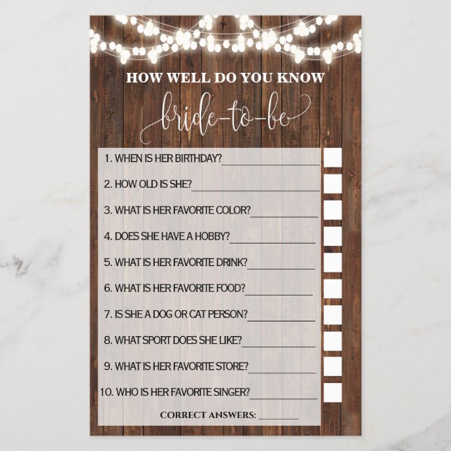 How Well Do You Know Her Western Shower Game Card (Front)