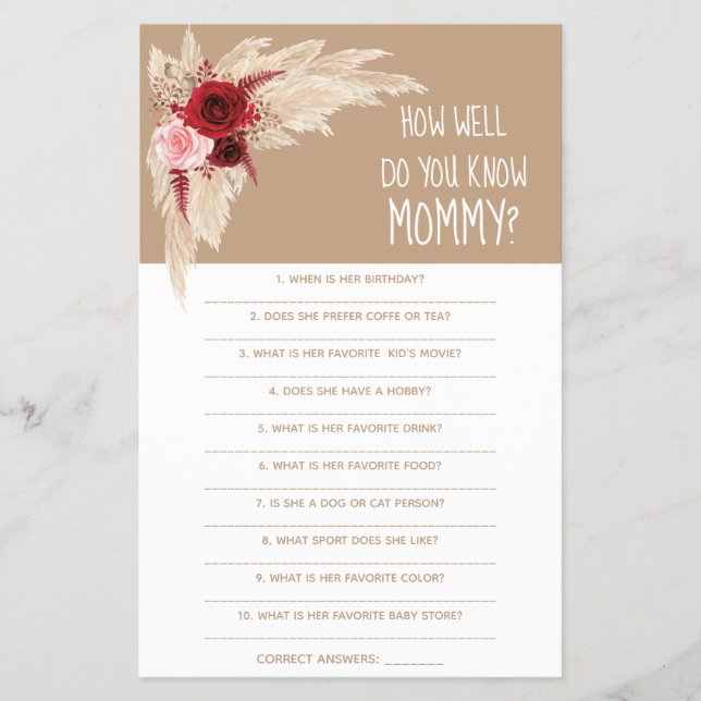 How Well Do You Know Mom Baby Shower Game Card (Front)