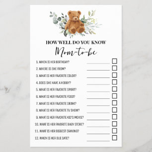 How Well Do You Know Mom Bear Greenery Shower Game Flyer
