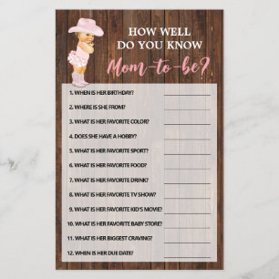 How Well Do You Know Mom Cowgirl Shower Game Card