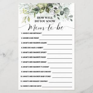 How Well Do You Know Mom Greenery Shower Game Card
