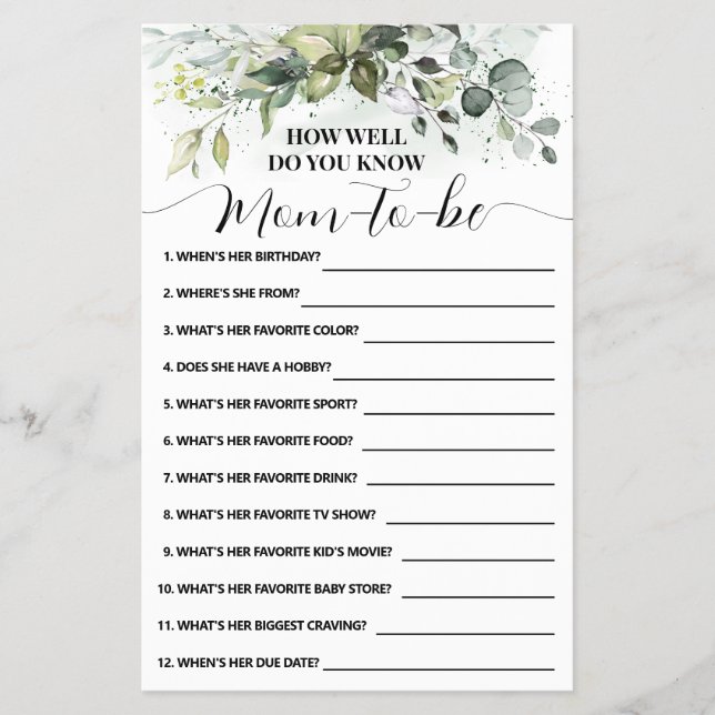How Well Do You Know Mom Greenery Shower Game Card (Front)