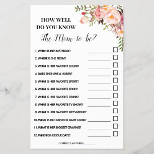 How Well Do You Know Mum Baby Shower Game Card