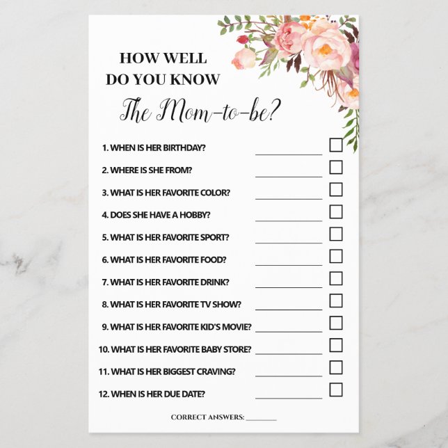 How Well Do You Know Mum Baby Shower Game Card (Front)