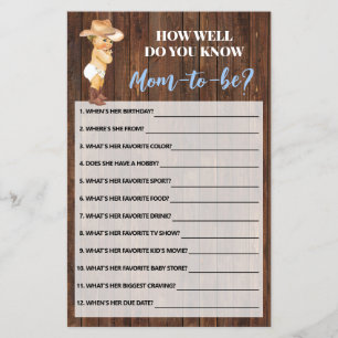 How Well Do You Know Mum Cowboy Shower Game Card