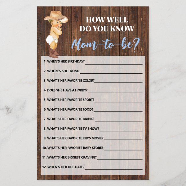 How Well Do You Know Mum Cowboy Shower Game Card (Front)