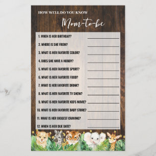 How Well Do You Know Mum Safari Baby Shower Game Flyer