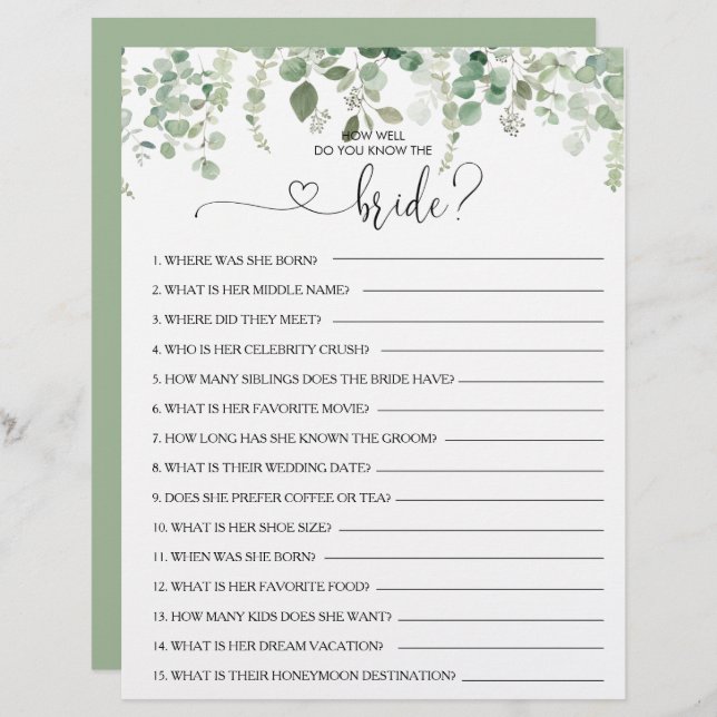 How Well Do You Know the Bride Bridal Shower Game (Front/Back)