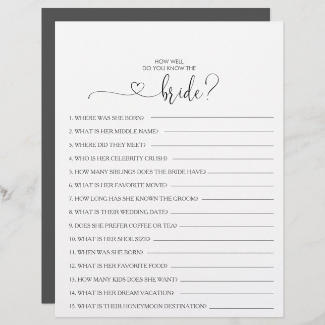 How Well Do You Know the Bride Bridal Shower Game (Front/Back)