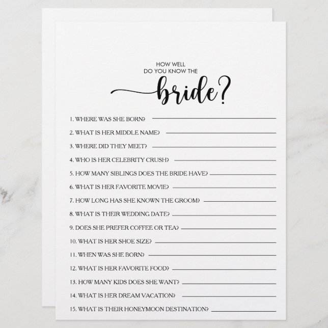 How Well Do You Know the Bride Bridal Shower Game (Front/Back)