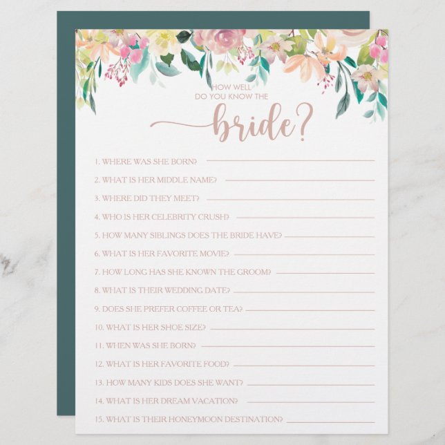 How Well Do You Know the Bride Bridal Shower Game (Front/Back)