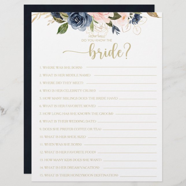 How Well Do You Know the Bride Bridal Shower Game (Front/Back)