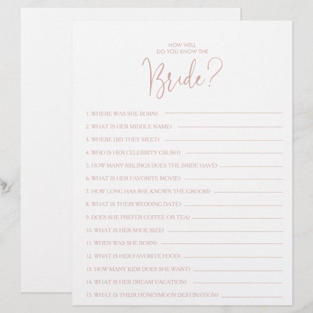 How Well Do You Know the Bride Bridal Shower Game (Front/Back)