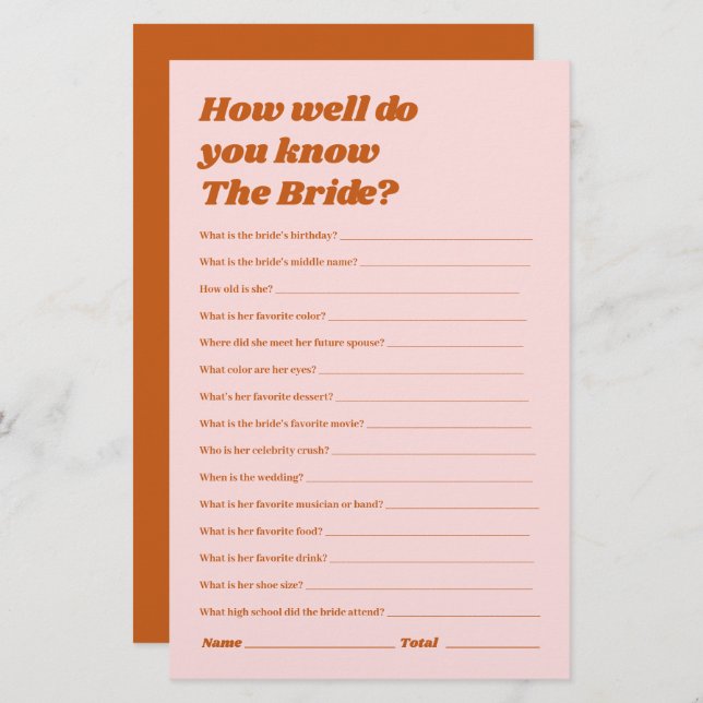 How Well Do You Know the Bride Bridal Shower Game (Front/Back)