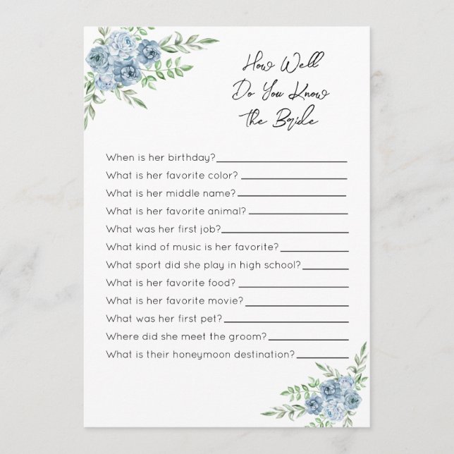 How Well Do You Know The Bride Game - Blue Floral Program (Front)