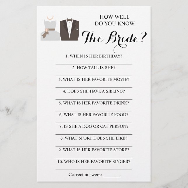 How Well Do You Know The Bride? Game Card (Front)