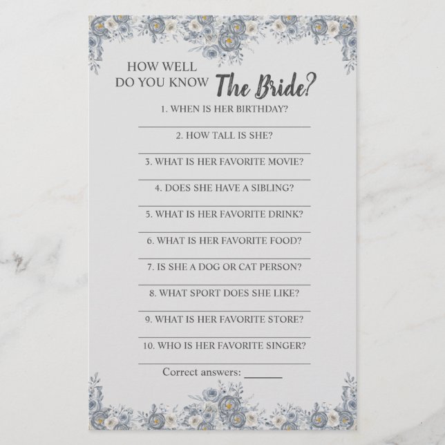 How Well Do You Know The Bride Game Card (Front)