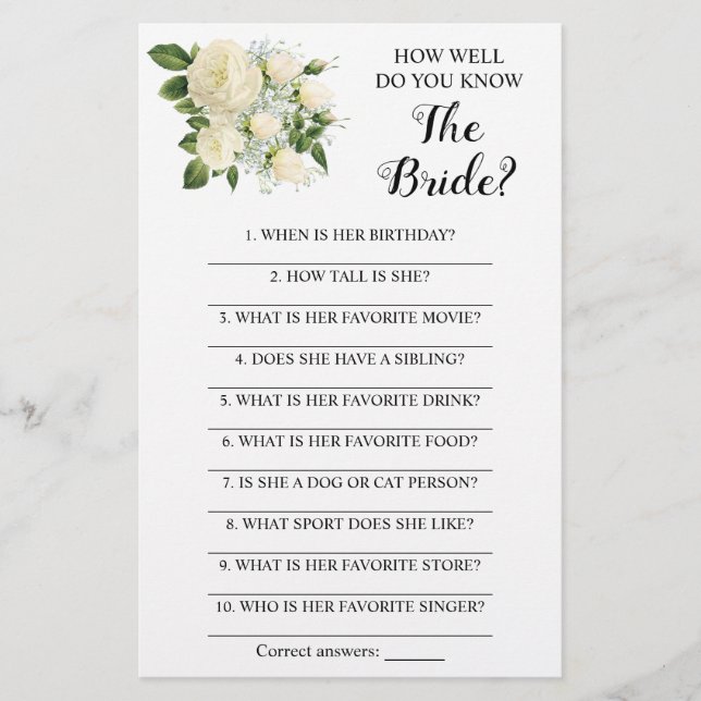 How Well Do You Know The Bride Game Card (Front)