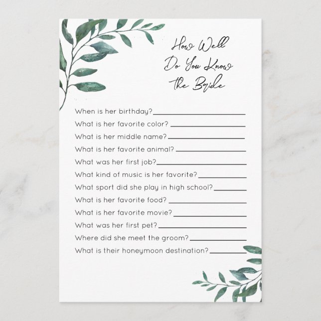How Well Do You Know The Bride Game - Eucalyptus Program (Front)