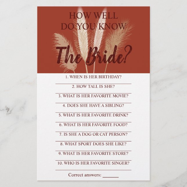 How Well Do You Know The Bride Pampas Game Card (Front)