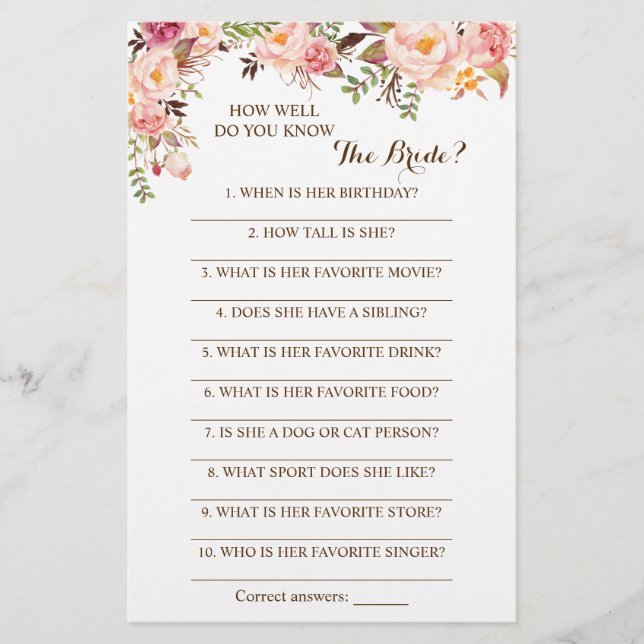 How Well Do You Know The Bride Pink Game Card (Front)