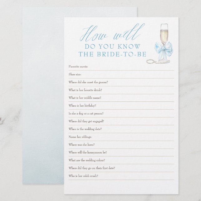 How Well Do You Know The Bride To Be Bridal Games (Front/Back)