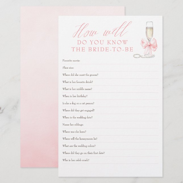How Well Do You Know The Bride To Be Bridal Games (Front/Back)