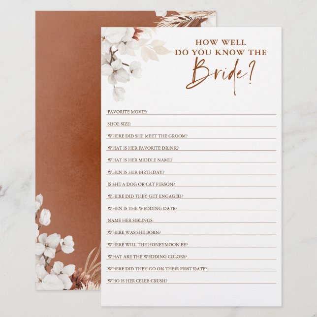 How Well Do You Know The Bride To Be Bridal Shower (Front/Back)