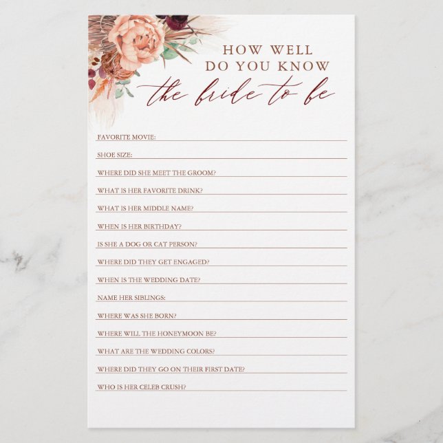 How Well Do You Know The Bride To Be Bridal Shower (Front)