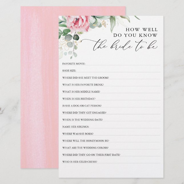 How Well Do You Know The Bride To Be Bridal Shower (Front/Back)