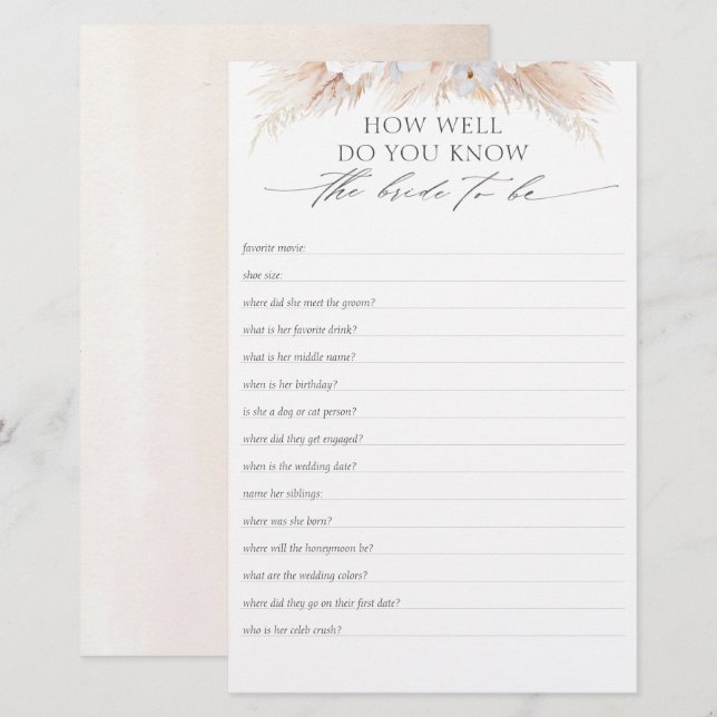 How Well Do You Know The Bride To Be Bridal Shower (Front/Back)