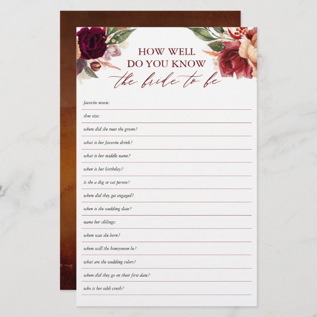 How Well Do You Know The Bride To Be Bridal Shower (Front/Back)