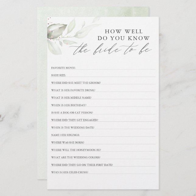 How Well Do You Know The Bride To Be Bridal Shower (Front/Back)