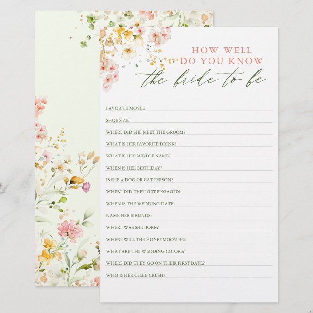 How Well Do You Know The Bride To Be Bridal Shower (Front/Back)