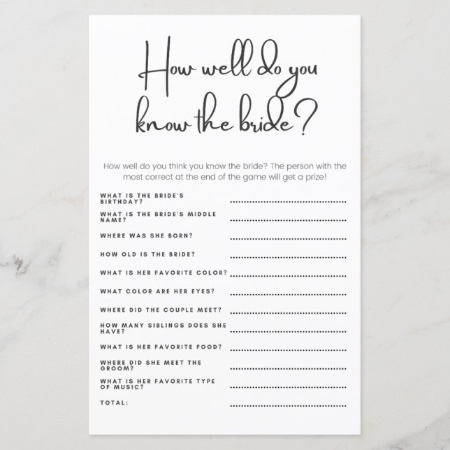 How Well Do You Know the Bride Wedding Shower Game (Front)