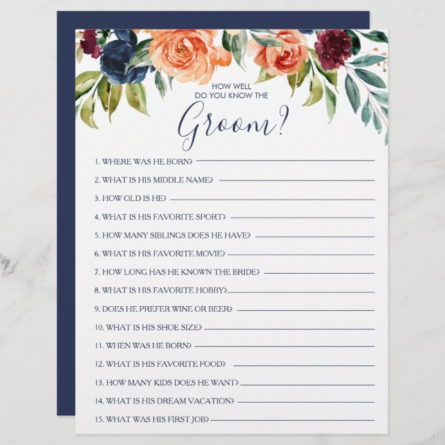 How Well Do You Know the Groom Bridal Shower Game (Front/Back)