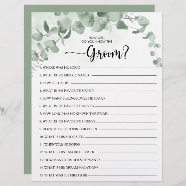 How Well Do You Know the Groom Bridal Shower Game (Front/Back)