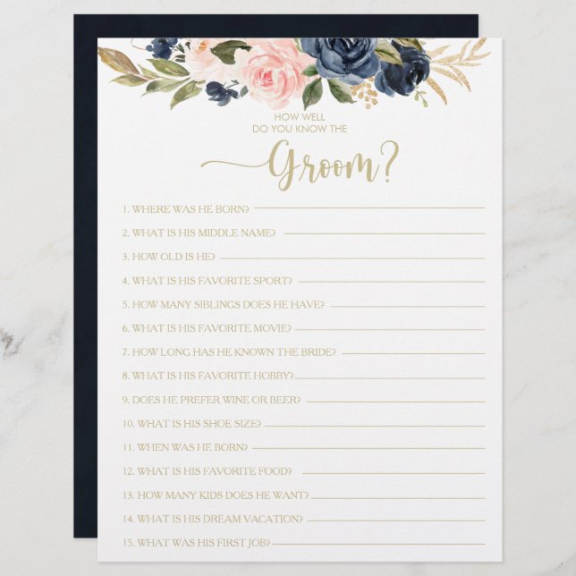How Well Do You Know the Groom Bridal Shower Game (Front/Back)
