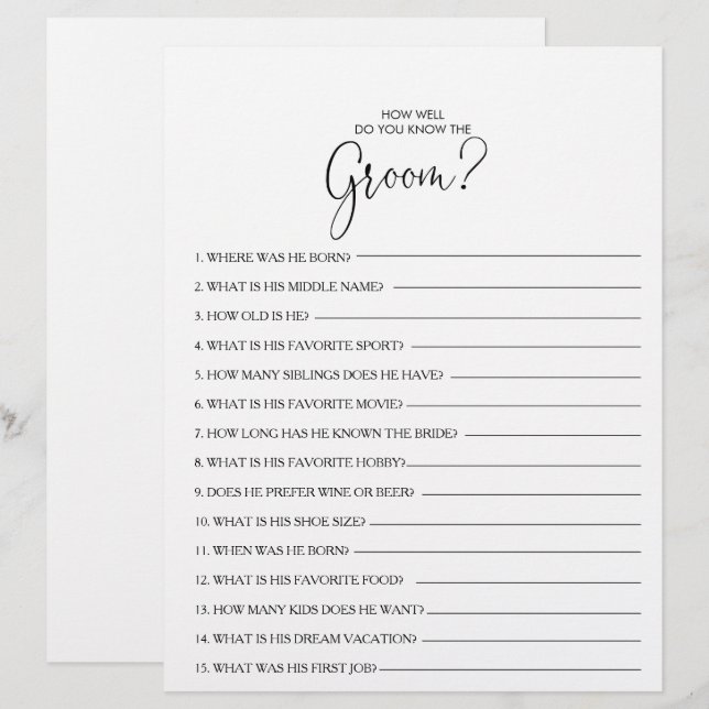 How Well Do You Know the Groom Bridal Shower Game (Front/Back)
